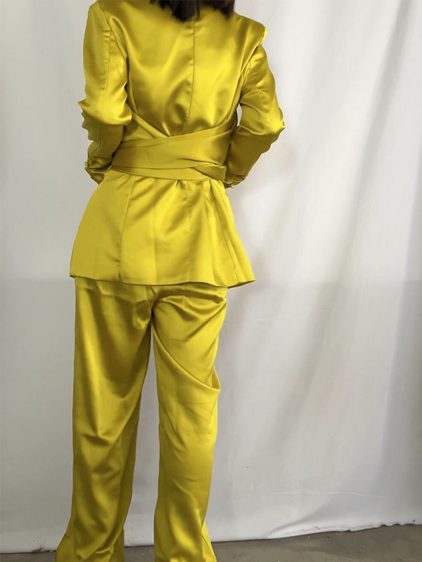 Set Femeie 2 Piese Sacouri Galbene Femei Cu Curea Primavara Office Lady Costume Blazer Dama Picior Lat Seturi Pantaloni Elegante Femei