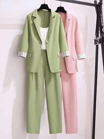 2022 άνοιξη νέο plus size Κορεάτικο κομψό γυναικείο κοστούμι γυναικείο μπλέιζερ παντελόνι ελεύθερου χρόνου Σετ σακάκι από τουίντ κοστούμι σακάκι παντελόνι τριών τεμαχίων