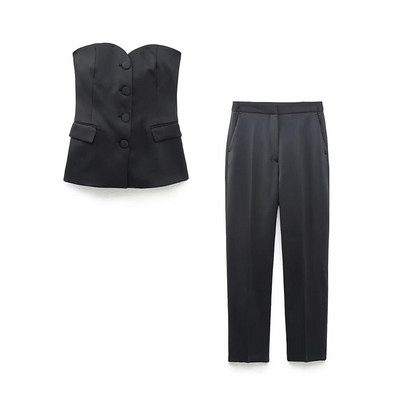 Seturi de blaze solide pentru dama 2022 Destul de fără bretele Topuri cu un singur piept Pantaloni drepți Pantaloni de bază cu fermoar Costume cauzale