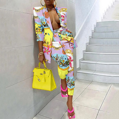 Εκτύπωση μόδας σετ 2 τεμαχίων Γυναικείο κοστούμι σακάκι και παντελόνι ασορτί σετ γραφείου μπλέιζερ Γυναικείο επίσημο σετ γυναικείων παντελονιών μόδας