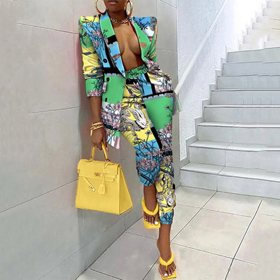 Εκτύπωση μόδας σετ 2 τεμαχίων Γυναικείο κοστούμι σακάκι και παντελόνι ασορτί σετ γραφείου μπλέιζερ Γυναικείο επίσημο σετ γυναικείων παντελονιών μόδας