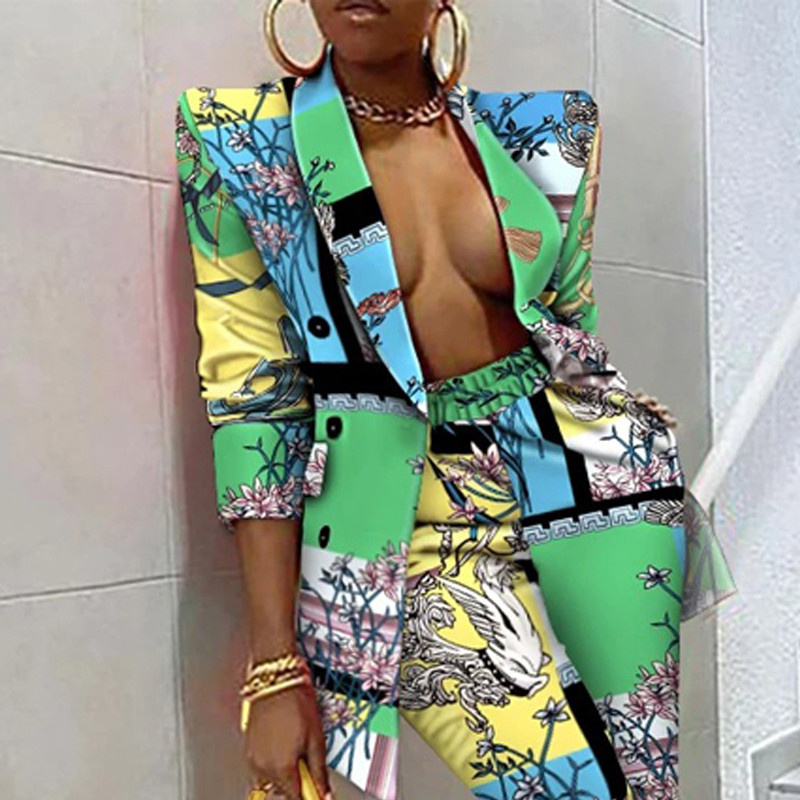 Εκτύπωση μόδας σετ 2 τεμαχίων Γυναικείο κοστούμι σακάκι και παντελόνι ασορτί σετ γραφείου μπλέιζερ Γυναικείο επίσημο σετ γυναικείων παντελονιών μόδας
