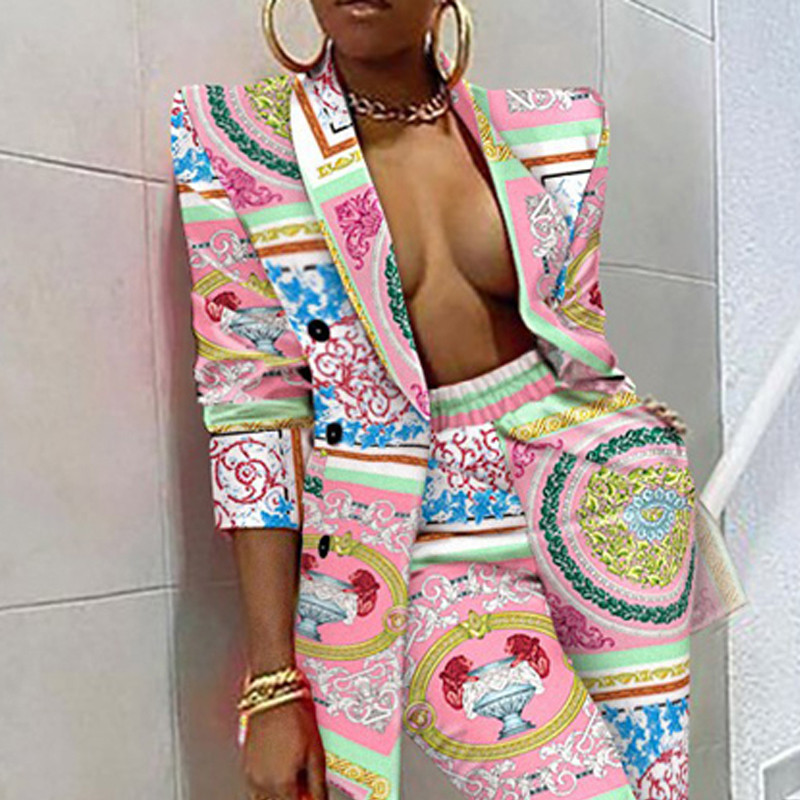 Εκτύπωση μόδας σετ 2 τεμαχίων Γυναικείο κοστούμι σακάκι και παντελόνι ασορτί σετ γραφείου μπλέιζερ Γυναικείο επίσημο σετ γυναικείων παντελονιών μόδας