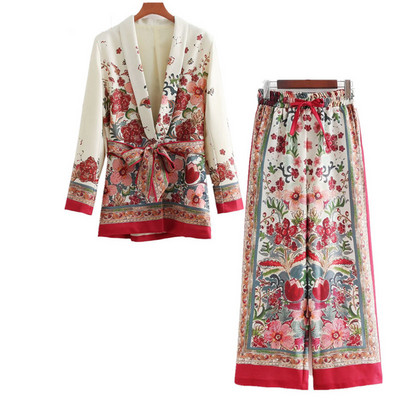 Σετ 2 τεμαχίων Γυναικείο κοστούμι παντελόνι Retr Flowe Print Μπουφάν ευρωπαϊκού στυλ Leisure blazer κοστούμι + παντελόνι κοστούμι πιτζάμες