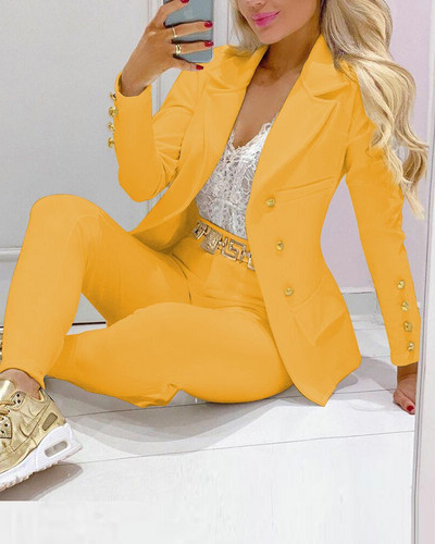 Naiste kontoripükskostüüm Kahe rinnaga täisvarrukatega bleiserid jakk+püksid, kaheosaline komplekt Naiste komplektid tööriided