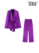 TRAF Ženska moda s kaputom od satenskog sakoa s leptir mašnom i hlačama s bočnim džepovima s visokim elastičnim strukom Ženski dvodijelni kompleti Mujer