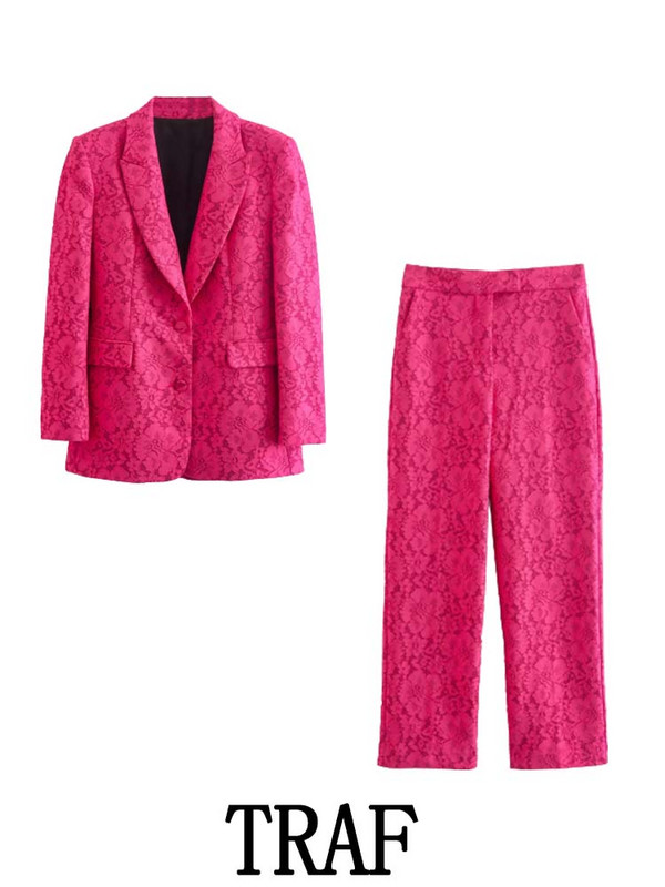 TRAF 2023 naiste 2-osalised komplektid Mood Slim Fit pitsist bleiser, üherealine jakkmantel + kõrge vöökohaga pikad püksid põhjuslikud komplektid