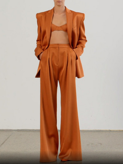 VISOKOKVALITETAN novi modni dizajnerski komplet odijela za 2022., ženski komplet hlača sa satenskim svilenim sakoom s dvostrukim kopčanjem na revere