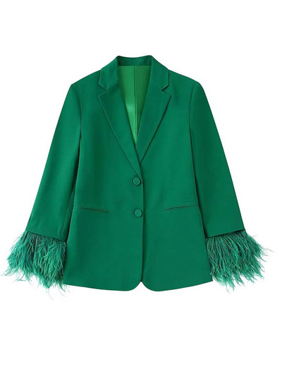 KLKXMYT TRAF Γυναικείο Σετ σακάκι Γυναικείο 2 τεμάχια 2023 Φθινοπωρινά πουπουλένια μανίκια Παντελόνι μπλέιζερ Σετ δύο τεμαχίων Γυναικεία ρούχα