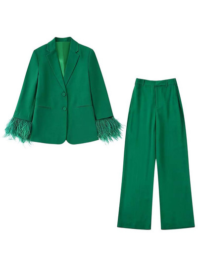 KLKXMYT TRAF Γυναικείο Σετ σακάκι Γυναικείο 2 τεμάχια 2023 Φθινοπωρινά πουπουλένια μανίκια Παντελόνι μπλέιζερ Σετ δύο τεμαχίων Γυναικεία ρούχα