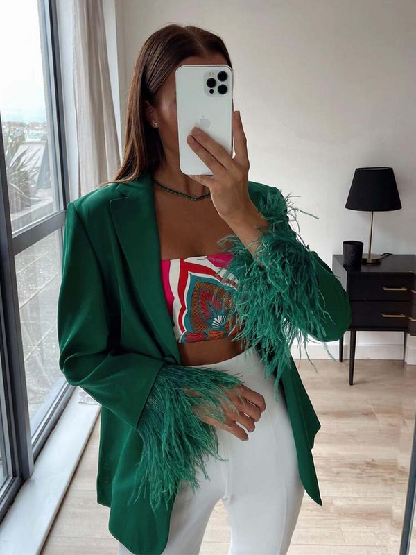 KLKXMYT TRAF Γυναικείο Σετ σακάκι Γυναικείο 2 τεμάχια 2023 Φθινοπωρινά πουπουλένια μανίκια Παντελόνι μπλέιζερ Σετ δύο τεμαχίων Γυναικεία ρούχα