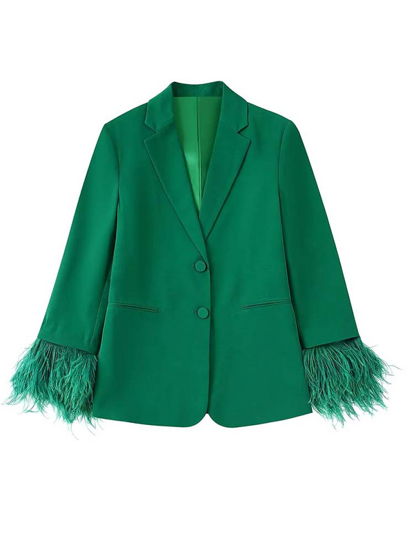 KLKXMYT TRAF Γυναικείο Σετ σακάκι Γυναικείο 2 τεμάχια 2023 Φθινοπωρινά πουπουλένια μανίκια Παντελόνι μπλέιζερ Σετ δύο τεμαχίων Γυναικεία ρούχα