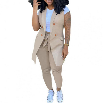 Set două piese cu imprimeu în dungi Femei Blazer fără mâneci haine geneve pantaloni ținute office doamnă elegante de lucru 2 buc costume ansamblu femei