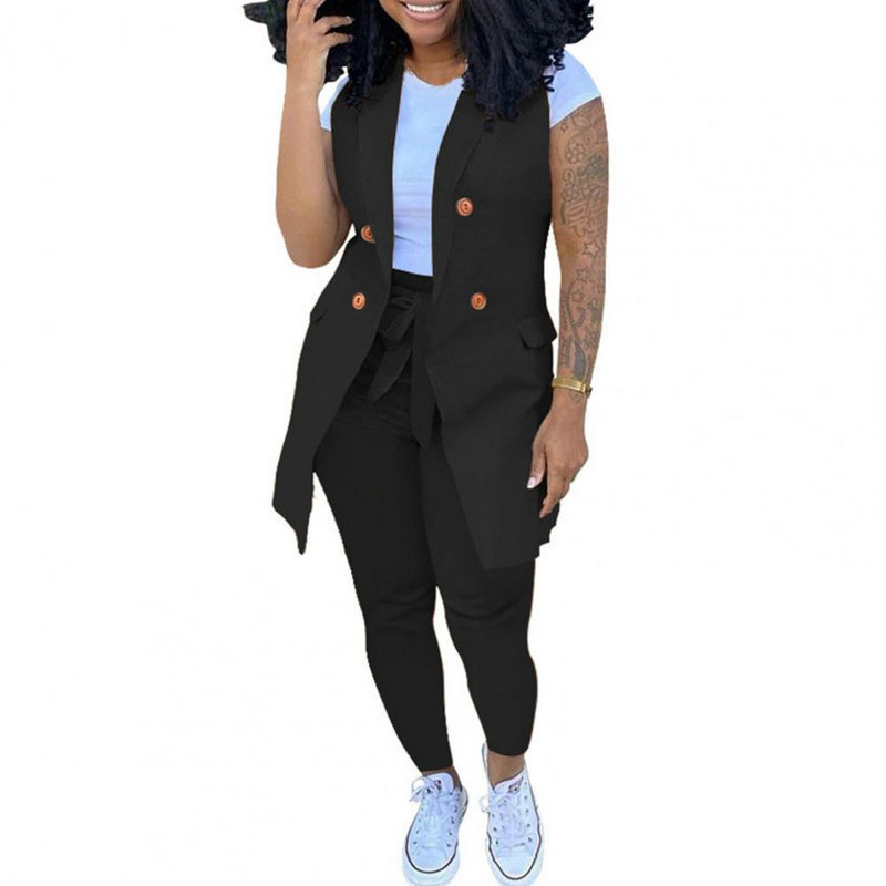 Set două piese cu imprimeu în dungi Femei Blazer fără mâneci haine geneve pantaloni ținute office doamnă elegante de lucru 2 buc costume ansamblu femei