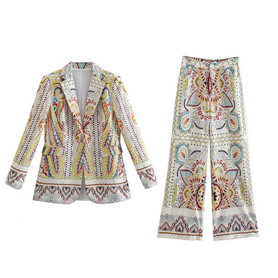 ΓΥΝΑΙΚΕΙΑ TRAF Νέο 2022 Chic Flower Printed Casual Blazer Fashion Μακρυμάνικη τσέπη Ρετρό Γυναικείο κομψό σακάκι + Σετ παντελόνι