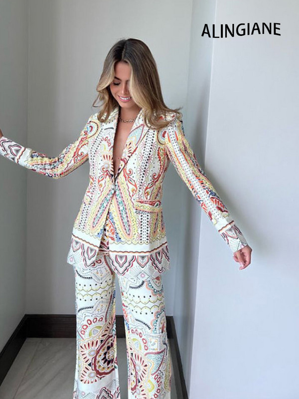 ΓΥΝΑΙΚΕΙΑ TRAF Νέο 2022 Chic Flower Printed Casual Blazer Fashion Μακρυμάνικη τσέπη Ρετρό Γυναικείο κομψό σακάκι + Σετ παντελόνι