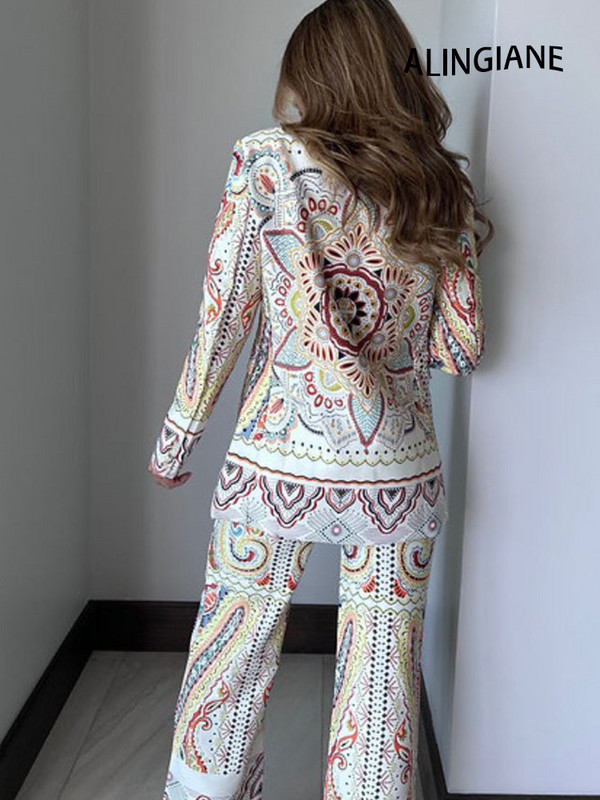 ΓΥΝΑΙΚΕΙΑ TRAF Νέο 2022 Chic Flower Printed Casual Blazer Fashion Μακρυμάνικη τσέπη Ρετρό Γυναικείο κομψό σακάκι + Σετ παντελόνι