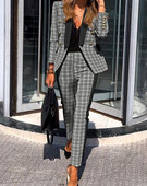 Blazer pentru femei 2022, la modă de toamnă, imprimeu în carouri, cu mânecă lungă, cu guler șal, pantaloni lungi de lucru eleganti