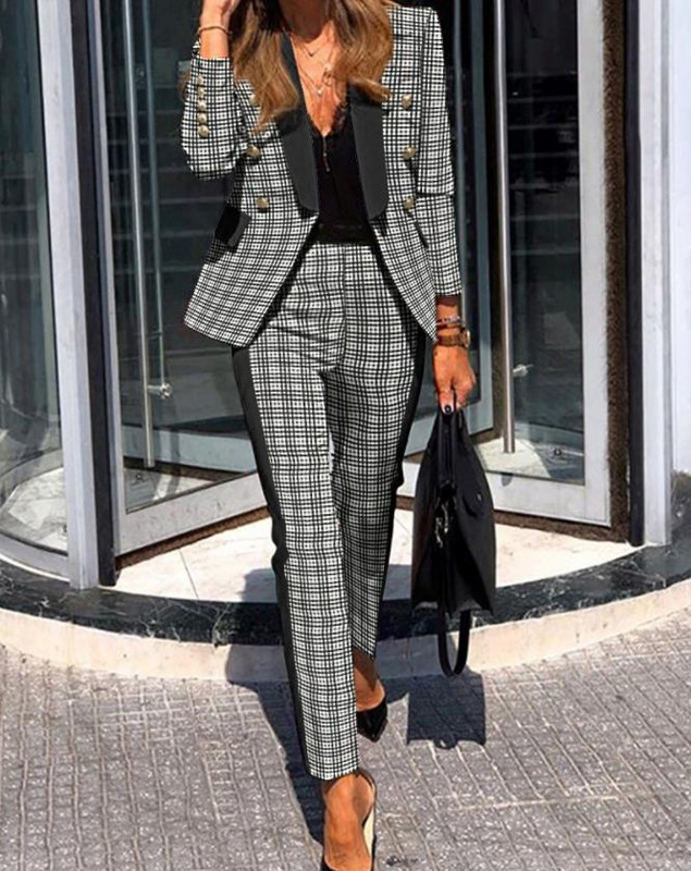 Blazer pentru femei 2022, la modă de toamnă, imprimeu în carouri, cu mânecă lungă, cu guler șal, pantaloni lungi de lucru eleganti