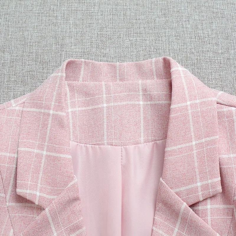 Costum în carouri roz Set două piese femei toamna modă coreeană blazer subțire jachetă și pantaloni costum damă birou elegant îmbrăcăminte de lucru