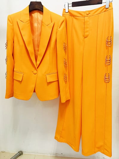 ΥΨΗΛΗΣ ΠΟΙΟΤΗΤΑΣ Νεότερο Fashion 2022 Σετ κοστούμι σχεδιαστή γυναικεία δαχτυλίδια με μονό κουμπί, μεταλλικά δαχτυλίδια μπλέιζερ με φαρδιά πόδι