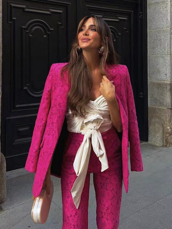 ZACK RAIN Costum Roz din Dantela Femei 2022 Toamna/Iarna Naveta Blazer Doamnelor Set Pantaloni Retro Office Seturi Eleganti Largi Femei Chic 2-buc