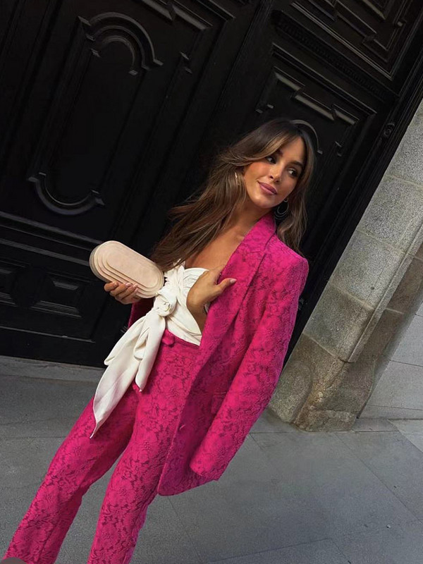 ZACK RAIN Costum Roz din Dantela Femei 2022 Toamna/Iarna Naveta Blazer Doamnelor Set Pantaloni Retro Office Seturi Eleganti Largi Femei Chic 2-buc