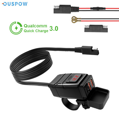 Încărcător pentru motociclete Ouspow QC3.0 Încărcător rapid, Încărcător cu priză USB duală, rezistent la apă, cu voltmetru Accesorii pentru motociclete