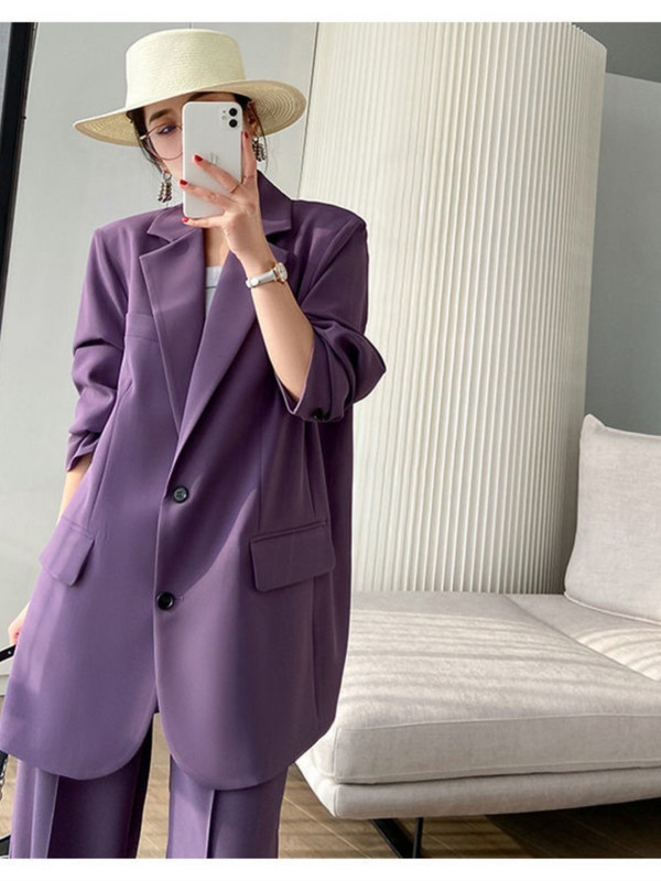 Vintage kontori daamiülikond, lilla ülikonna jakk, naiste 2022. aasta uus Korea stiilis mood, pikkade varrukatega kaheosaline ülikond, vabaaja bleiserite komplektid