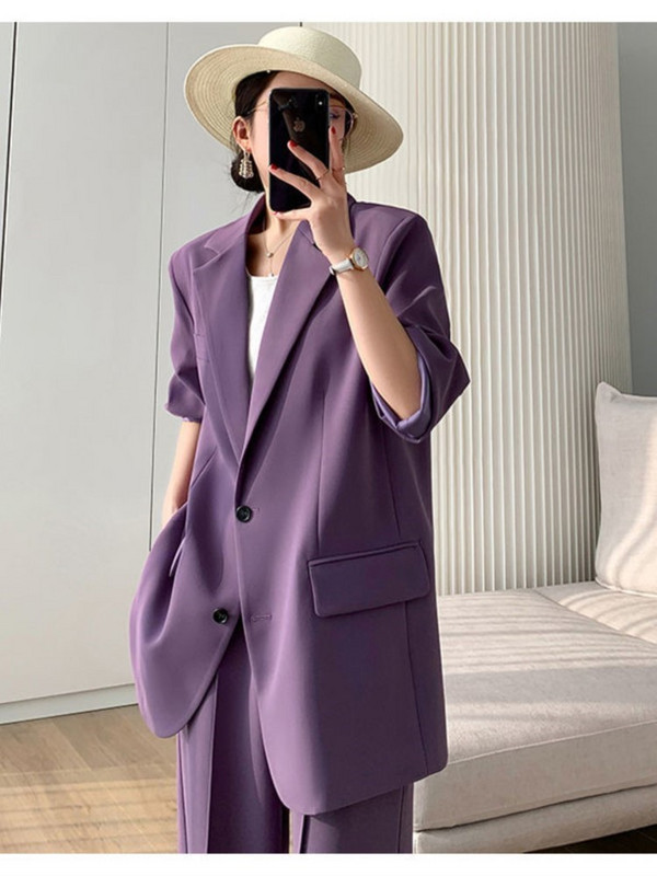 Vintage kontori daamiülikond, lilla ülikonna jakk, naiste 2022. aasta uus Korea stiilis mood, pikkade varrukatega kaheosaline ülikond, vabaaja bleiserite komplektid