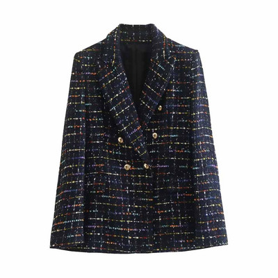 2022 Nou Iarnă Dublu Sânt Tweed Textura Costum în carouri Jachetă Office Retro Femeie Chic Blazer Două piese 8741269