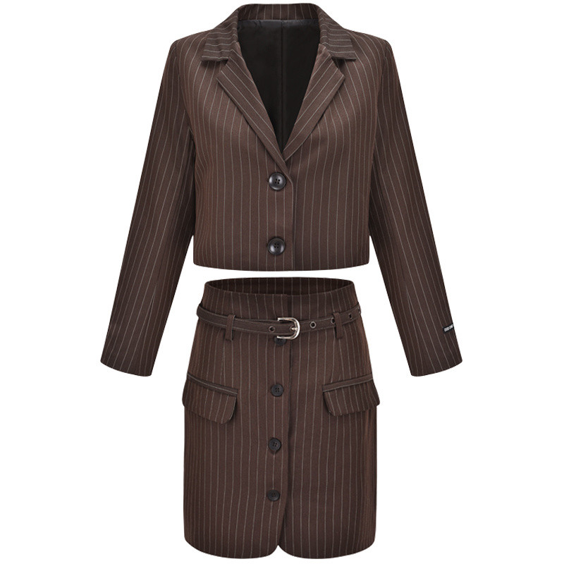 Sobiv komplekt naiste bleiseri ja seelikuga, pikkade varrukatega, kärbitud bleiser kõrge vöökohaga miniseelik, naiste triibuline kaheosaline komplekt