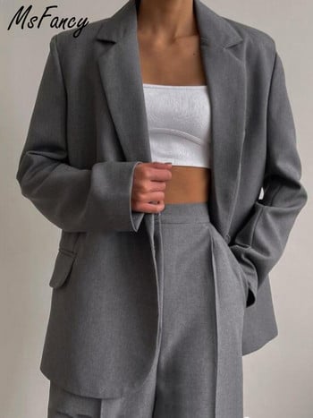 Msfancy Grey Blazer Suits Γυναικείες φόρμες με μονό κουμπί Παντελόνι ψηλόμεσο φαρδύ πόδι σετ 2 τεμαχίων Γυναικεία επίσημα κοστούμια