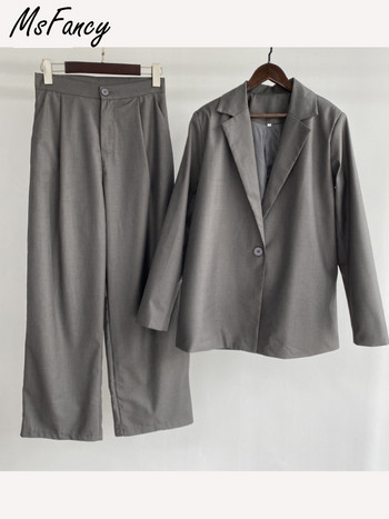 Msfancy Grey Blazer Suits Γυναικείες φόρμες με μονό κουμπί Παντελόνι ψηλόμεσο φαρδύ πόδι σετ 2 τεμαχίων Γυναικεία επίσημα κοστούμια