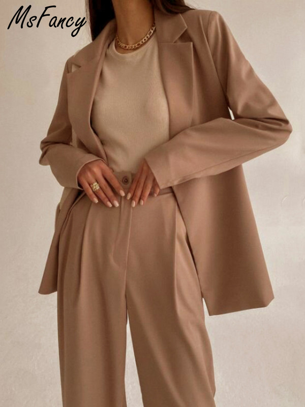 Msfancy hallid bleiserülikonnad naiste ühe nööbiga bleiser, kõrge vöökohaga laia säärega püksid, 2-osalised komplektid naiste ametlikud ülikonnad