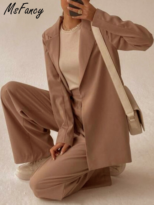 Msfancy hallid bleiserülikonnad naiste ühe nööbiga bleiser, kõrge vöökohaga laia säärega püksid, 2-osalised komplektid naiste ametlikud ülikonnad