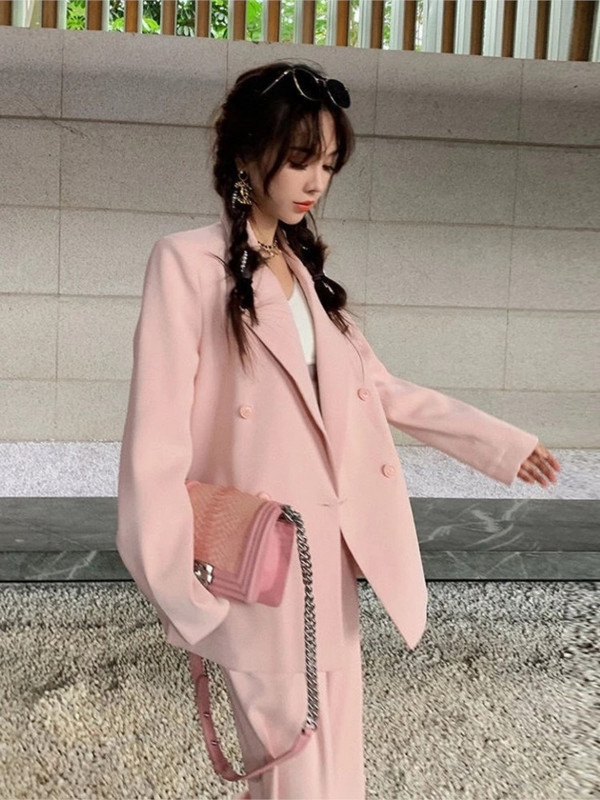 Luck A Ljeto Proljeće 2022. Ženski ružičasti sako odijela Široki set dugih hlača Uredska odjeća Ženski dvodijelni kompleti sakoa