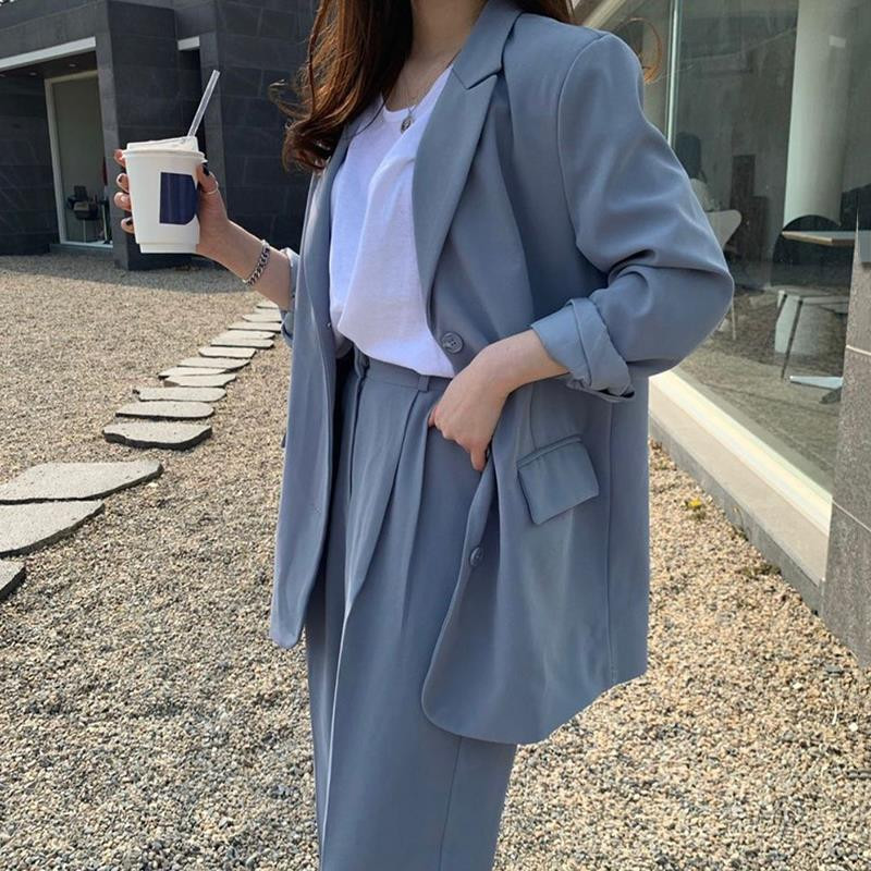 Seturi pentru femei Blazere Office Lady Simplu Retro BF Harajuku Stil coreean Vintage Streetwear Leisure Classic Solid Buzunare Nou Trendy