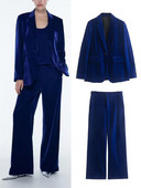 TRAF-i talveuued 2022. aasta naiste komplektid, kaunistatud ühe nupuga sametbleiser + kõrge vöökohaga laia säärega püksid, sinine ülikond
