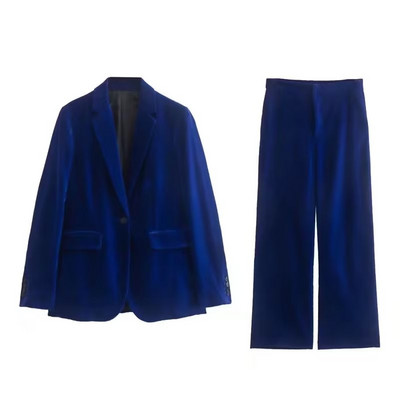 TRAF-i talveuued 2022. aasta naiste komplektid, kaunistatud ühe nupuga sametbleiser + kõrge vöökohaga laia säärega püksid, sinine ülikond