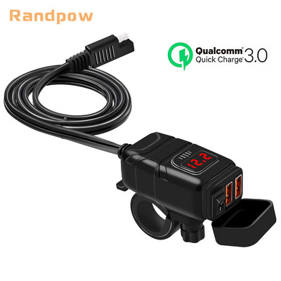 Randpow ūdensizturīgs motocikla tālruņa lādētājs, divu portu QC3.0 ātras uzlādes motocikla USB ligzda ar voltmetra tālruņa piederumiem