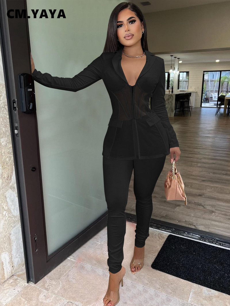 CM.YAYA Sieviešu tīkliņš, rāvējslēdzējs, muša žakete, uzvalks un bikses Sieviešu vintage šiks modes divi 2 daļiņu komplekti, kostīmi ziemas rudens