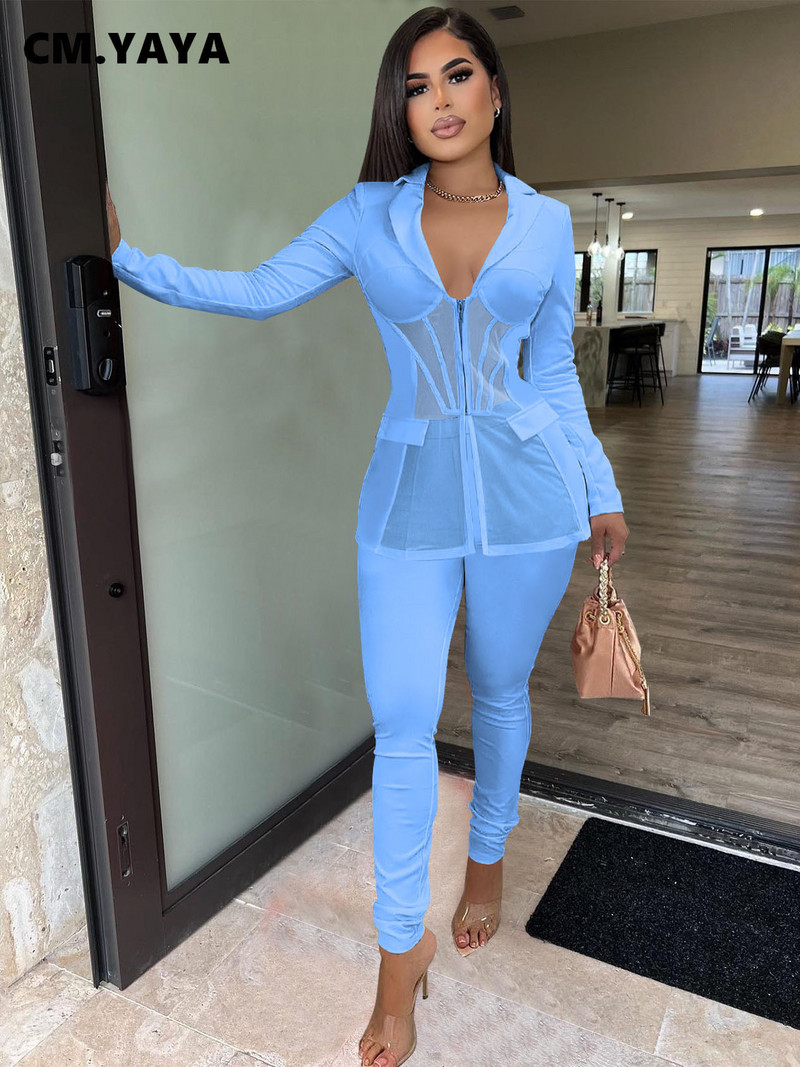 CM.YAYA Sieviešu tīkliņš, rāvējslēdzējs, muša žakete, uzvalks un bikses Sieviešu vintage šiks modes divi 2 daļiņu komplekti, kostīmi ziemas rudens