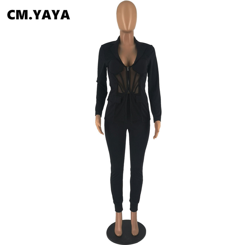 CM.YAYA Sieviešu tīkliņš, rāvējslēdzējs, muša žakete, uzvalks un bikses Sieviešu vintage šiks modes divi 2 daļiņu komplekti, kostīmi ziemas rudens