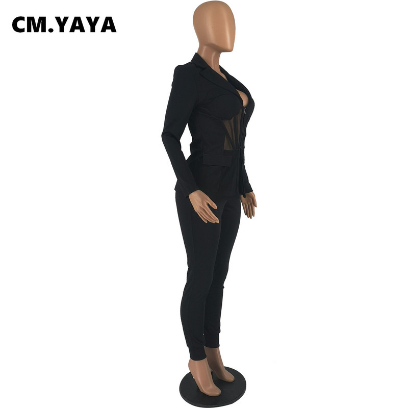 CM.YAYA Sieviešu tīkliņš, rāvējslēdzējs, muša žakete, uzvalks un bikses Sieviešu vintage šiks modes divi 2 daļiņu komplekti, kostīmi ziemas rudens