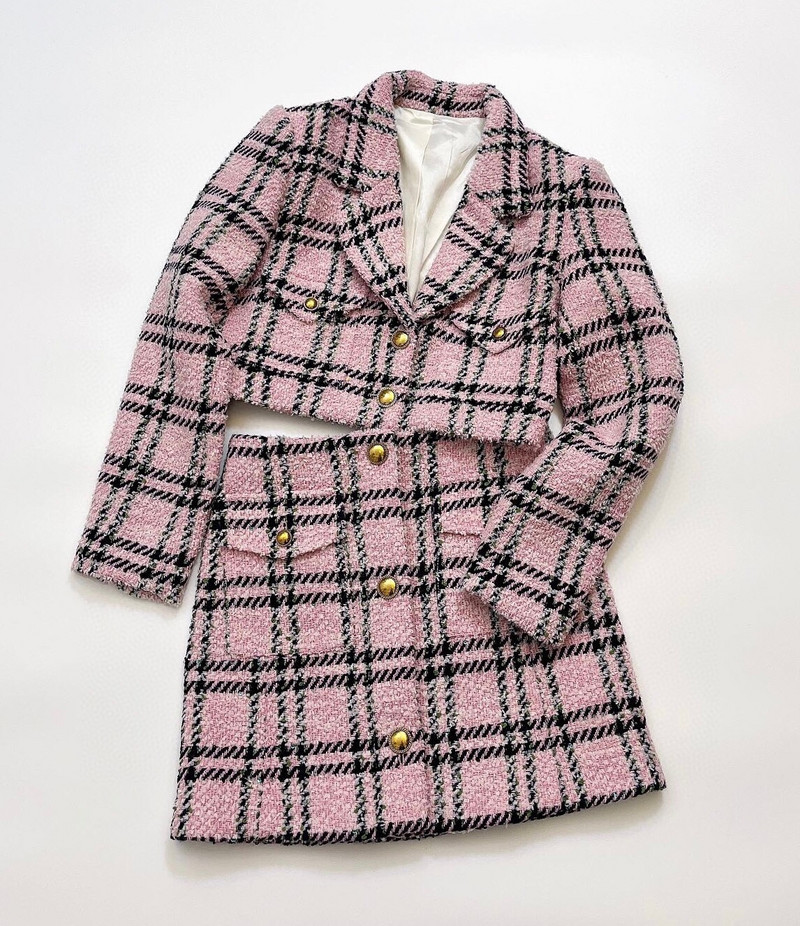 Uus 2022. aasta sügismantel + mini-lühikesed roosad seelikud naiste ruuduline villane