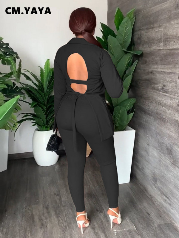 CM.YAYA elegantno odijelo sa blejzerom otvorenih leđa na vezanje za žene Odijela s hlačama Dvodijelni komplet odijela za uredske dame Jesen Zima Trenirka