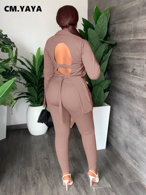 CM.YAYA elegantno odijelo sa blejzerom otvorenih leđa na vezanje za žene Odijela s hlačama Dvodijelni komplet odijela za uredske dame Jesen Zima Trenirka