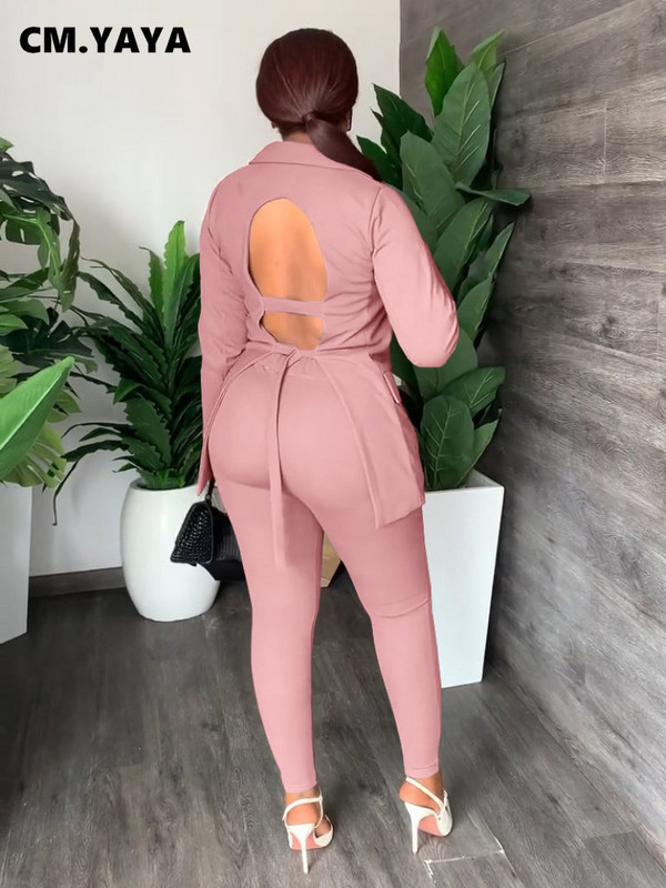 CM.YAYA elegantno odijelo sa blejzerom otvorenih leđa na vezanje za žene Odijela s hlačama Dvodijelni komplet odijela za uredske dame Jesen Zima Trenirka