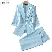 Costume albastre pentru femei, subțiri, temperament, brodate, cu mâneci cu jumătate de mânecă, blazer și pantaloni subțiri, birou, dame, lucru